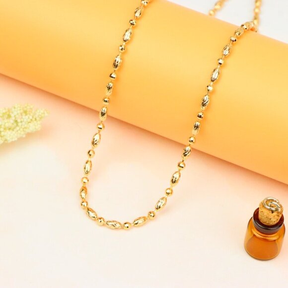 "Elegant Rose Gold Chain Necklace with Intricate Oval Bead Links, XPNL1891 - Picture 9 of 12